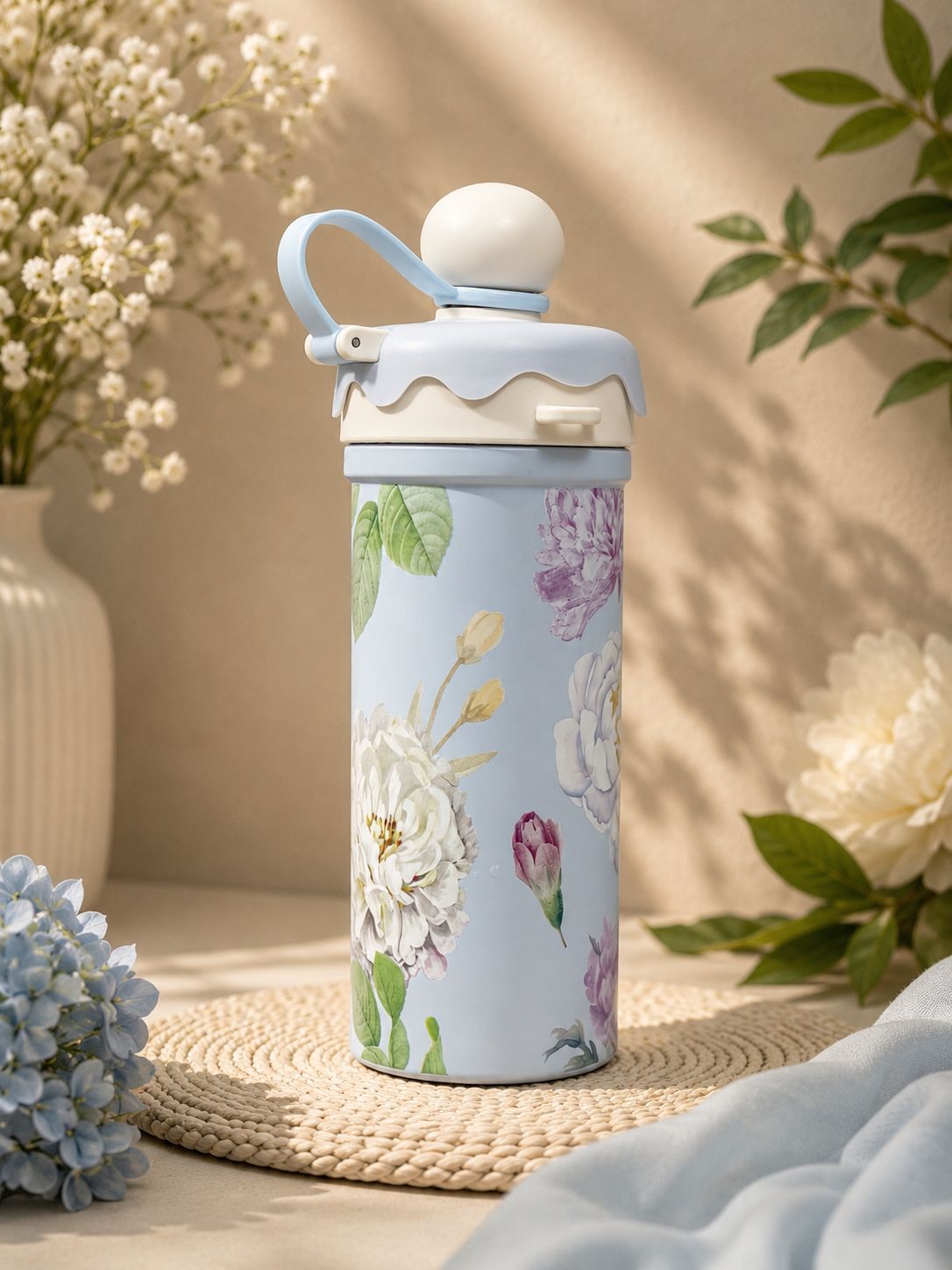 Pastel Floral Insulated Thermos Bottle – Aesthetic Stainless Steel Water Bottle with Handle