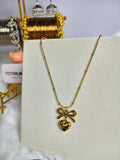 Dainty Gold Ribbon Bow Heart Necklace – Minimalist Snake Chain Heart Pendant Jewelry