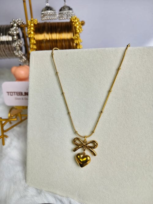 Dainty Gold Ribbon Bow Heart Necklace – Minimalist Snake Chain Heart Pendant Jewelry