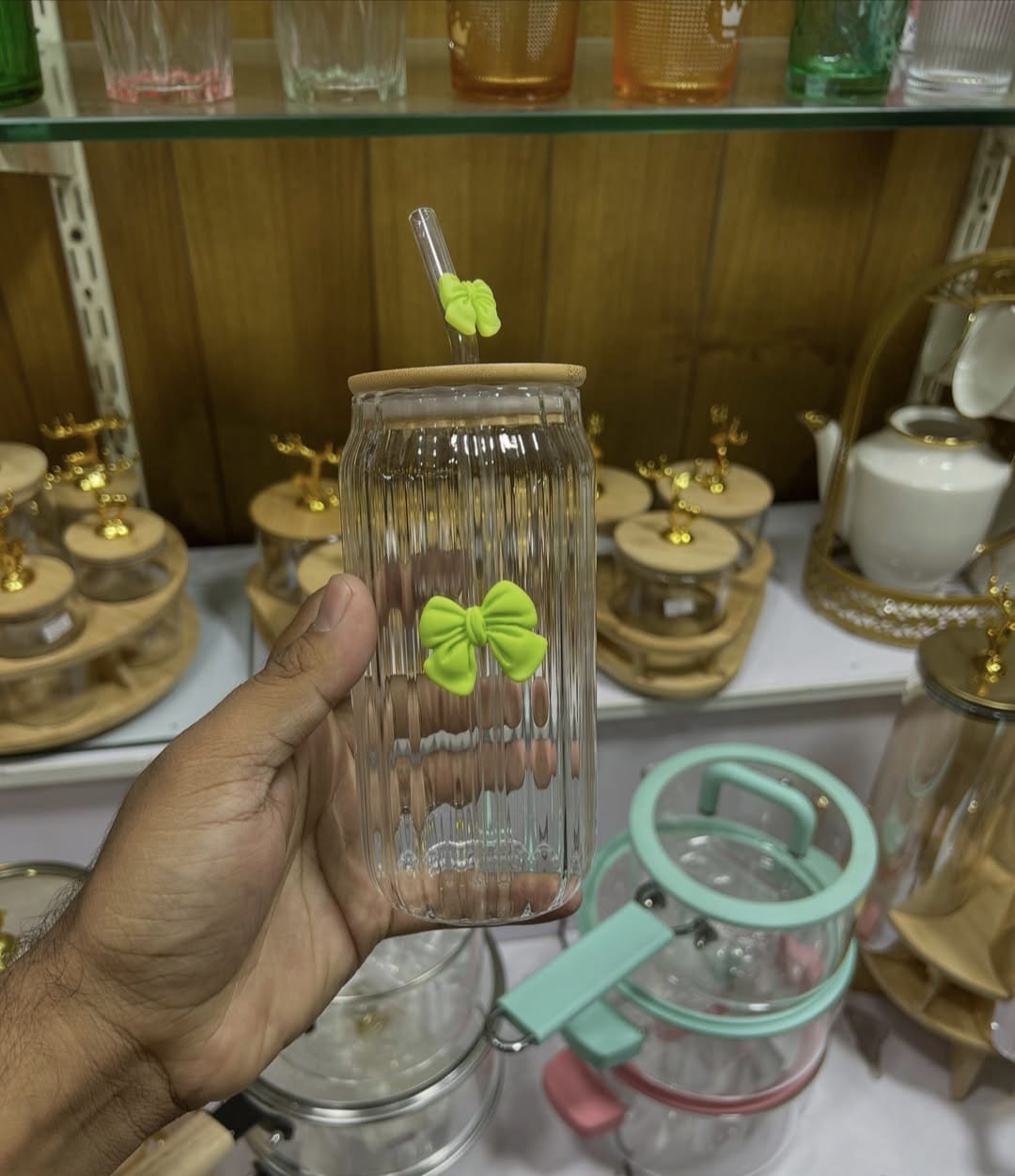 Ribbed Glass Tumbler with Bamboo Lid and Straw – Aesthetic Clear Soda Can Glass with Bow