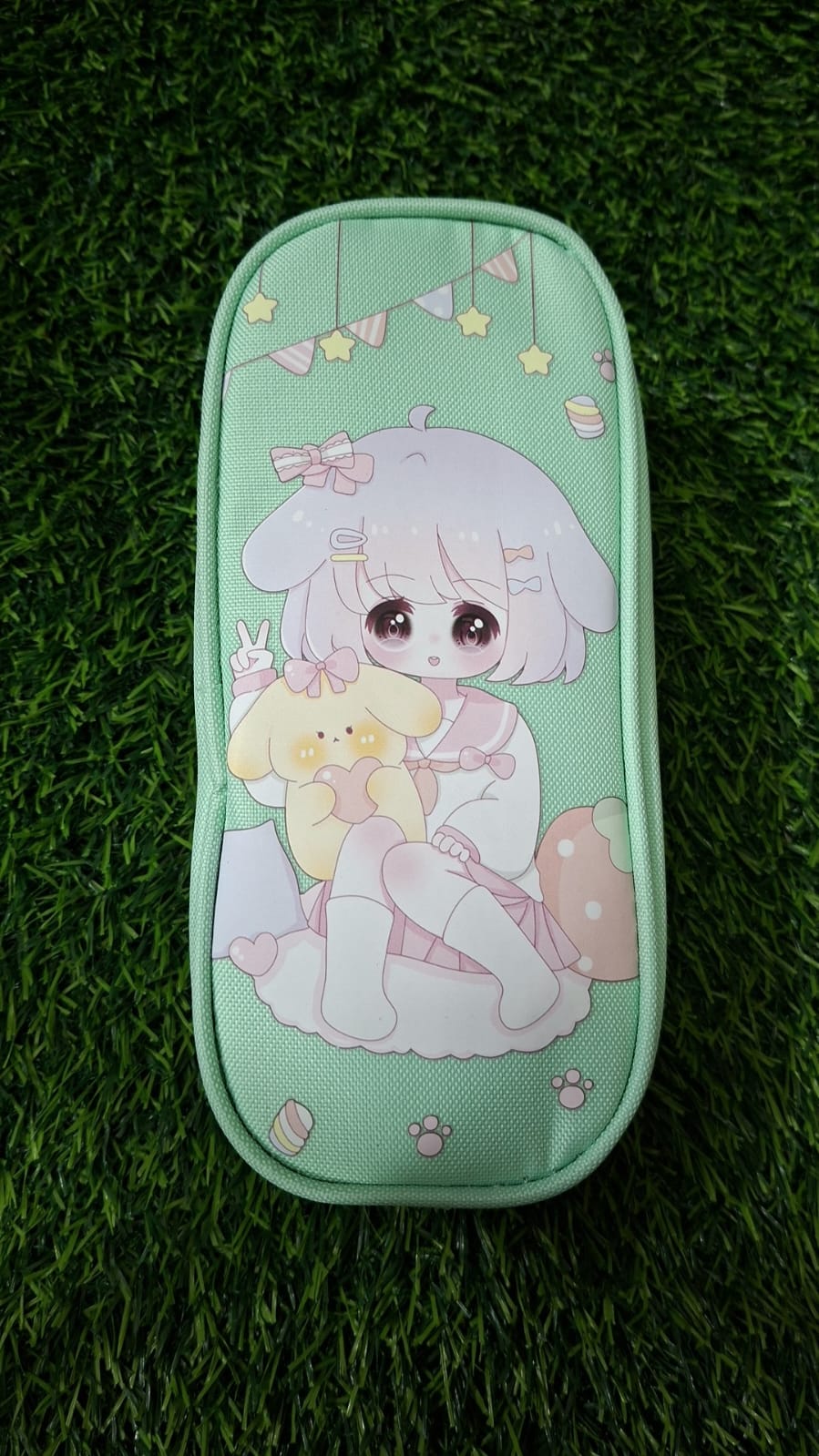 Mint Green Chibi Anime Girl Pencil Pouch – Aesthetic Canvas School Stationary Bag