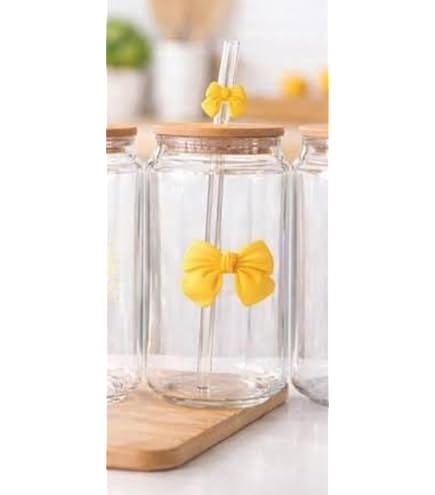 Yellow Bow Ribbed Glass Tumbler with Bamboo Lid – Aesthetic Soda Can Drinkware Cup