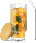 Aesthetic Ribbed Ripple Glass Tumbler – Clear High-Ball Cocktail Glass with Straw