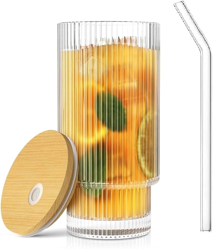 Aesthetic Ribbed Ripple Glass Tumbler – Clear High-Ball Cocktail Glass with Straw