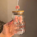 Pink Bow Ripple Glass Tumbler with Bamboo Lid – Aesthetic Wavy Soda Can Glass Cup