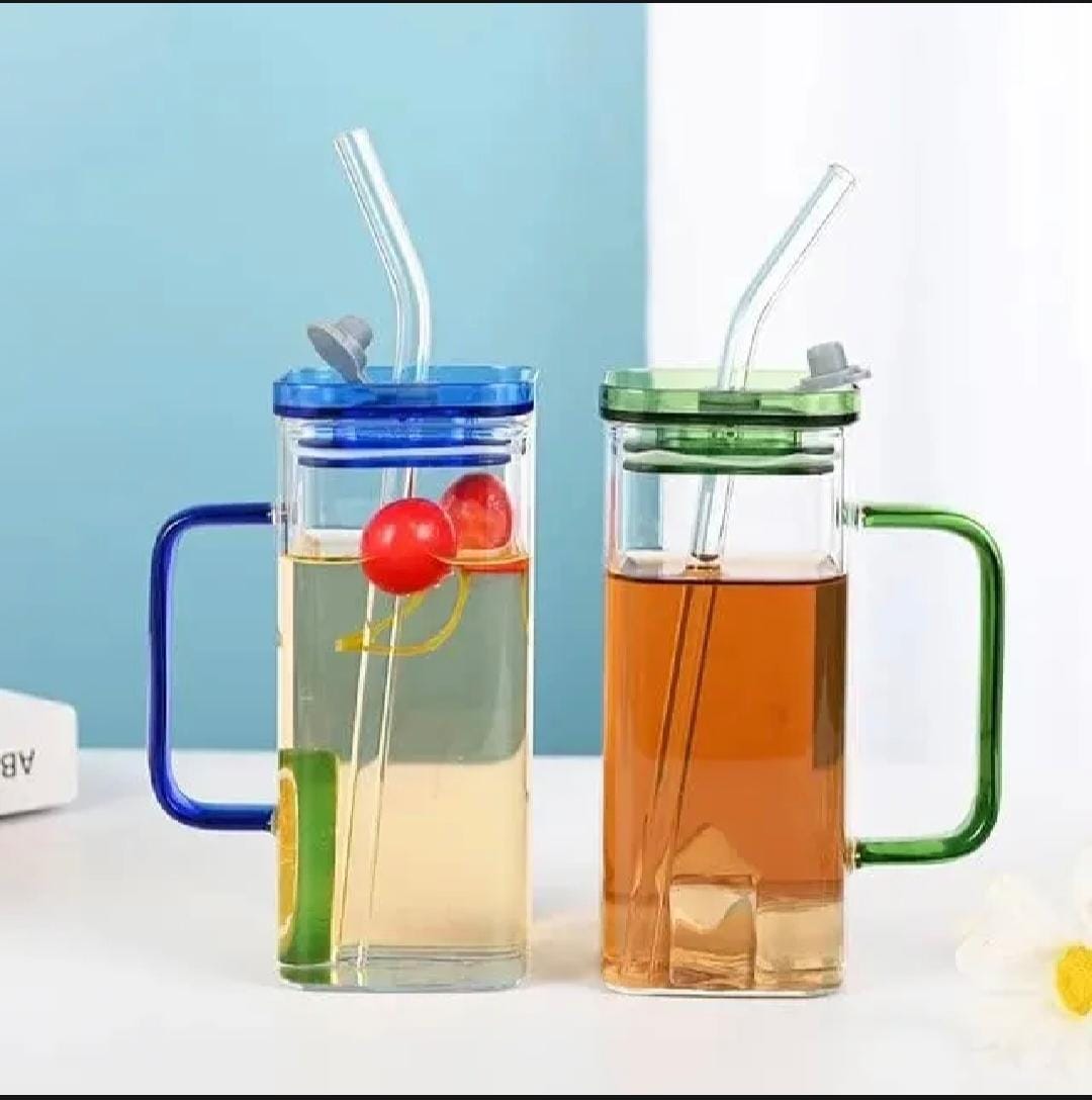 Minimalist Square Glass Mug with Straw and Lid – High Borosilicate Clear Drinkware Cup