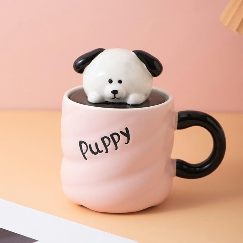 Cute Ceramic Puppy Mug with 3D Dog Lid – Aesthetic Pink Quilted Coffee Cup