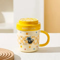 Cute Star Cat Ceramic Mug with Good Luck Lid – Aesthetic Yellow Polka Dot Coffee Cup