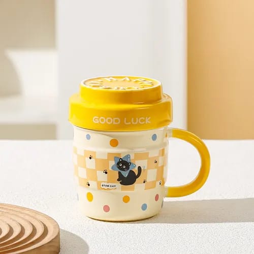 Cute Star Cat Ceramic Mug with Good Luck Lid – Aesthetic Yellow Polka Dot Coffee Cup