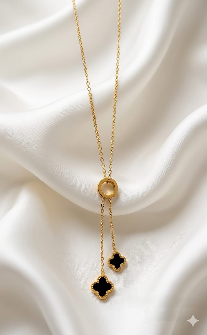 18K Gold Plated Clover Y-Necklace – Elegant Black Onyx Style Double Pendant Chain