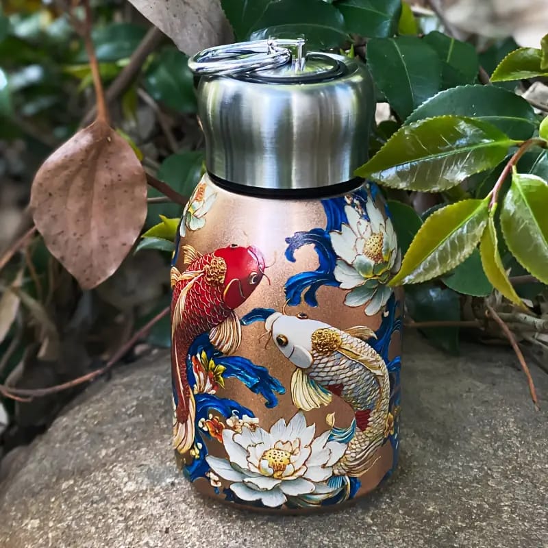 Oriental Koi Fish Stainless Steel Mini Flask – Metallic Embossed Vacuum Pocket Bottle